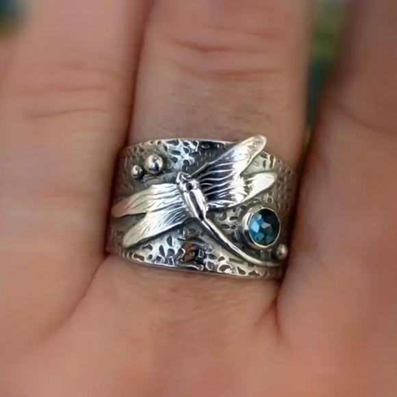 🌷5 For $15🌷Boho Dragonfly Aquamarine Crystal Ring - Size 5 - Picture 3 of 5